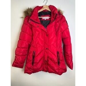 Madden Girl Red Puffer Coat Girls Size Large Faux Fur Hood Jacket Outdoor Preppy